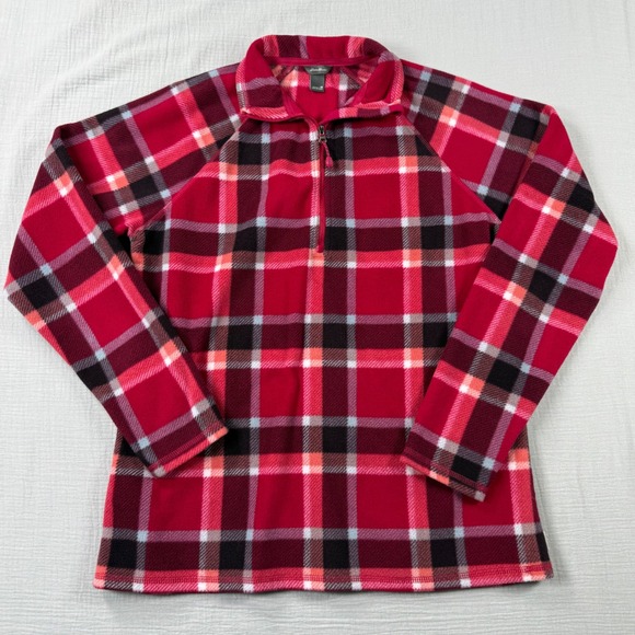 Eddie Bauer Quarter Zip Fleece Pullover Womens Med Red Plaid Camp Hike Cabincore - Picture 2 of 5